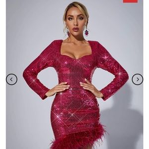 Daria Sequin Feather Mini Dress In Hot Pink - Mew Mews Fashion